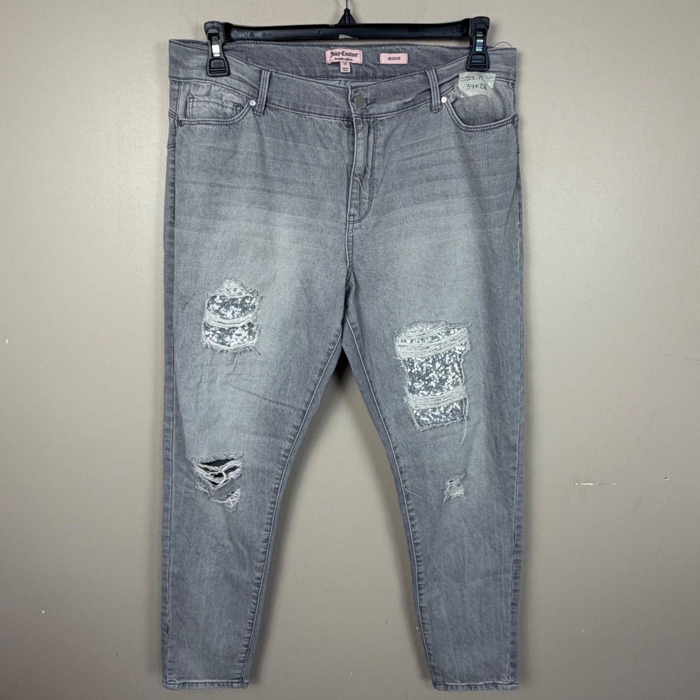 Juicy Couture Womens Skinny Jeans Gray Distressed Sequin Patch Size‎ 14
